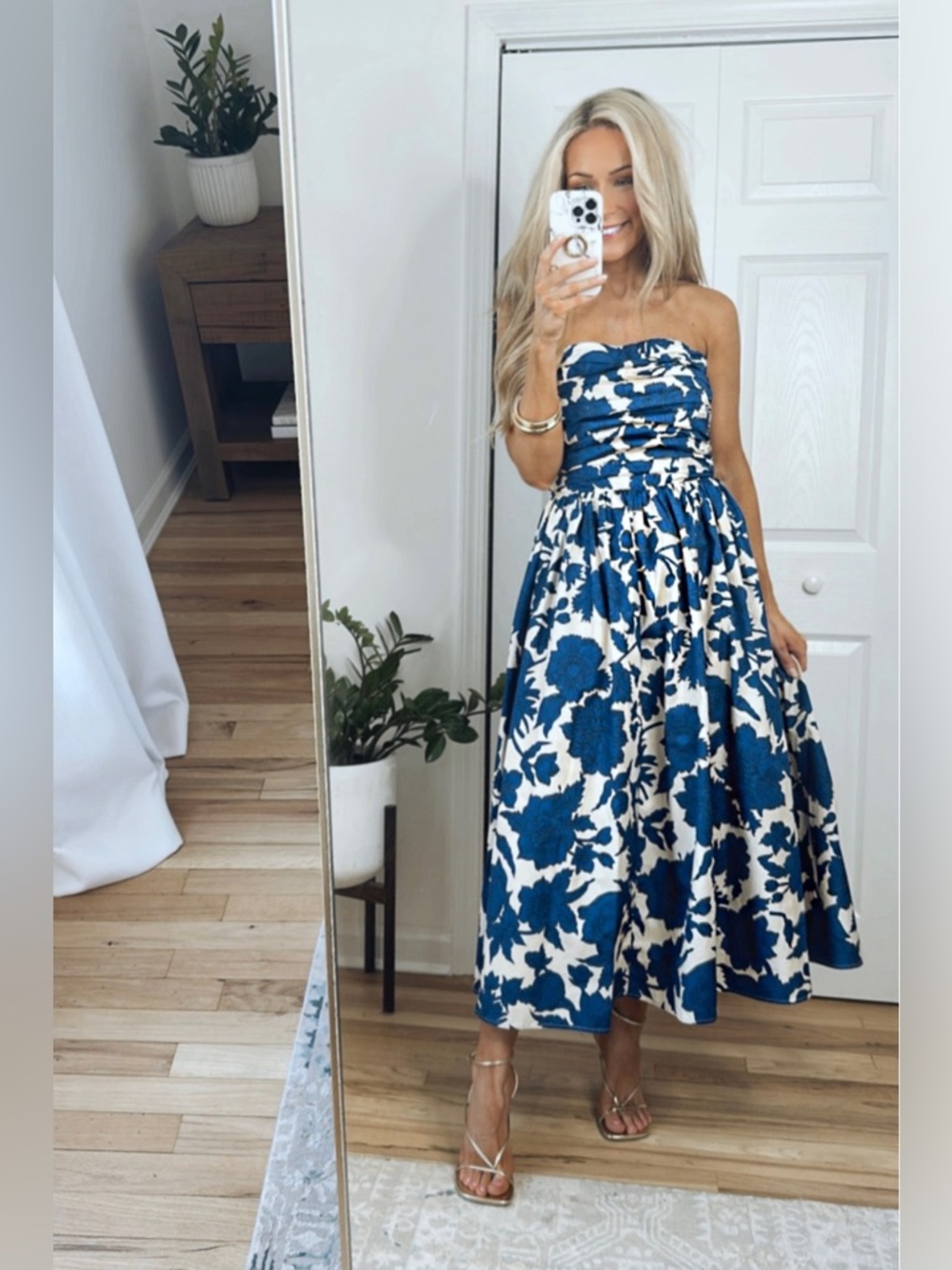 H&M Blue and White Strapless bandeau Floral Midi Dress